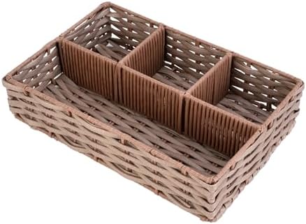 Whitmor 4-Compartment Woven Storage Basket with Dividers, Divided Makeup Organizer and Drawer Split Rattique Bin for Bathroom Countertop, Vanity, Office Desk, 11.8x7.9x2.8 Inches, Light Brown