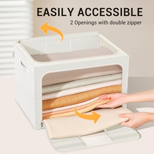 Clothes Storage Bins with Metal Frame, Foldable Clothes Organizers Storage Containers for Clothes, Sheets, Blankets, Pillows and Towels (66L, 3 Pack) Beige
