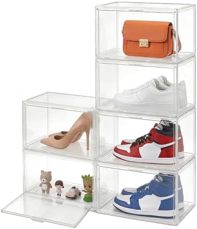 X-Large Shoe Organizer 6-Pack, Stackable White Transparent Acrylic Shoe Boxes with Ventilation, Dustproof Storage for Sneakers/Heels Main-Opening
