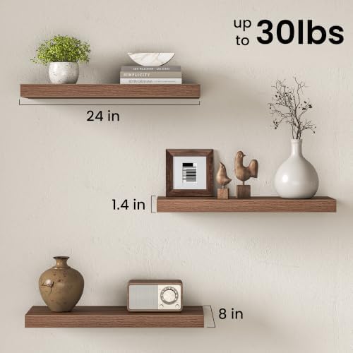Floating Shelves for Wall, 24 Inch Floating Shelves Set of 2, Wall Mounted Rustic Wood Shelf for Bathroom, Living Room, Bedroom and Kitchen, Hanging Shelf for Storage, Books, Home Decor, Walnut