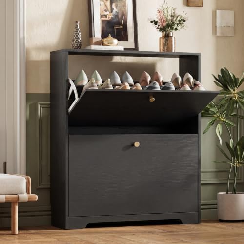 Nicetree Shoe Cabinet with 2 Flip Drawers, Narrow Shoe Organizer Cabinet, Freestanding Shoe Rack Cabinet, Modern Shoe Storage Cabinet for Entryway, Hallway, Foyer, Black