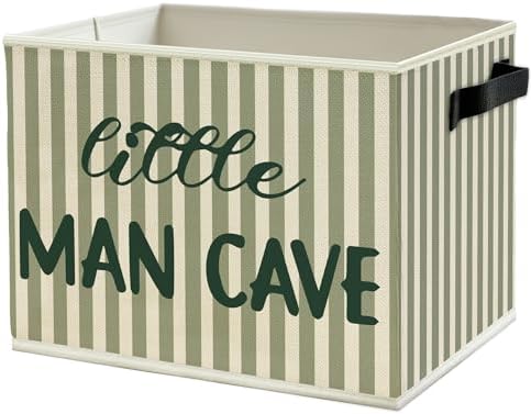 Little Man Cave Boys Storage Bins Box with Handles, Green Stripe Boho Collapsible Basket Organizer for Kids Boys Playroom Nursery Room Bedroom Bathroom Books Clothes