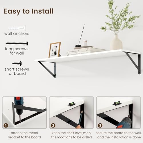 Fun Memories Deep Floating Shelves for Wall, 36W x 8D Wall Mounted Shelves Set of 2, Wide Display Ledge Shelf with Sturdy Metal Brackets for Living Room, Bathroom, Bedroom and Kitchen, White