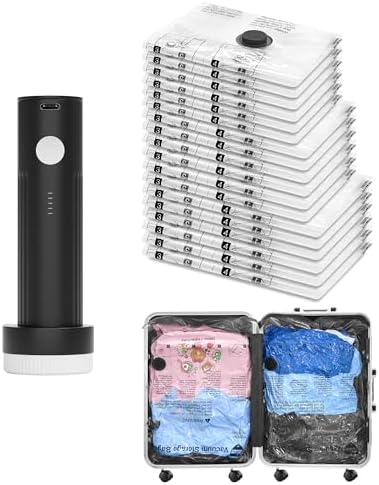Vacuum Seal Bags for Clothing Travel and Home Storage, Travel Vacuum Bags with Electric Pump, Space Saver Compression Packing Cubes for Luggage Suitcase Bedding Blankets Clothes, 18 Combo