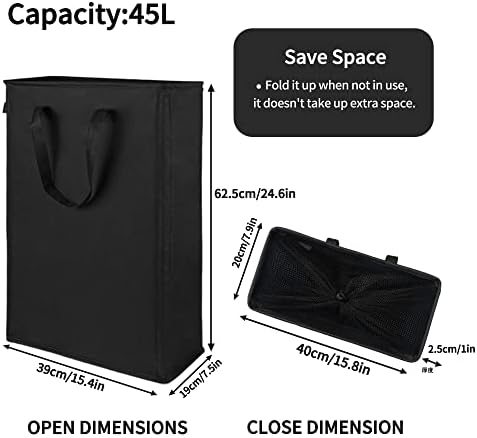 Odonata Slim Laundry Hamper Handles Collapsible Laundry Basket Thin Dirty Clothes Basket Narrow Laundry Bag Foldable Dirty Hamper 45L (Black)