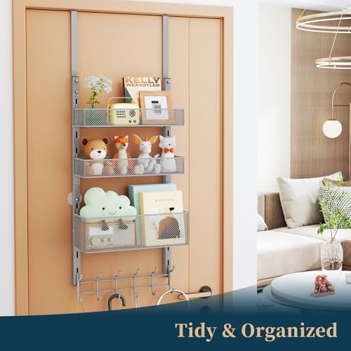 Consumest Over The Door Hooks Organizer - 4 Tier Door Coat Rack with 3 Baskets & 12 Hooks, Stainless Steel Towel Hanger for Bedroom, Bathroom, Living Room, Silver