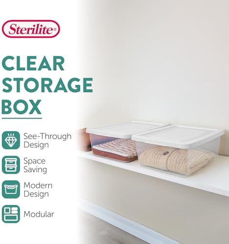 Sterilite Storage Box Stackable Tote, White, 12 Quart, 24 Pack | Clear Plastic Container with Secure Snapping Lids for Home and Office Organization