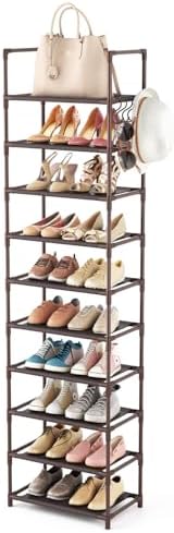 LANTEFUL 10 Tiers Tall Shoe Rack 20-25 Pairs Boots Organizer Storage Sturdy Narrow Shoe Shelf for Entryway, Closets with Hooks, Brown