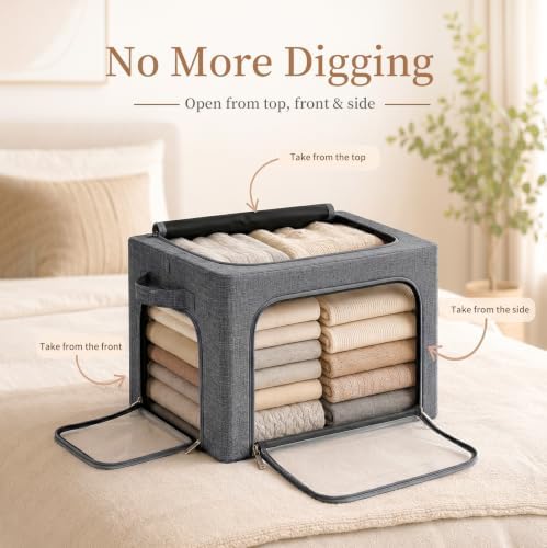 GoMaihe Clothes Storage Bins with Metal Frame for Sweaters, 40L 3-Pack Grey