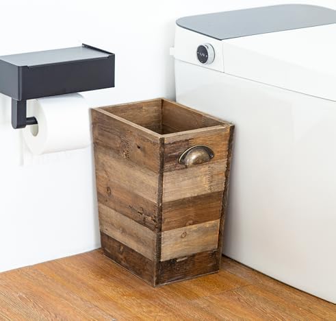 Small Wood Trash Can, Farmhouse Rectangular Garbage Can Waste Basket, Rustic Distressed Reclaimed Wood Wastebasket, Vintage Wooden Trash Recycling Bin Storage Basket with Metal Handles (Natural)