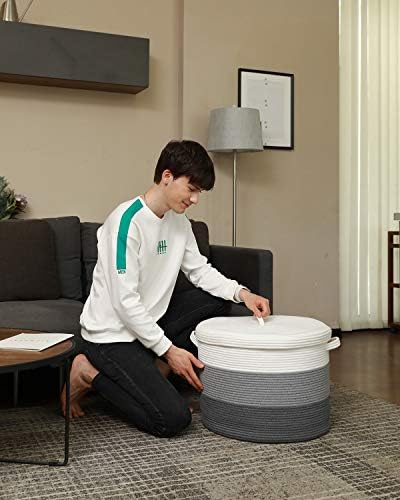 20x15 Inch Extra Large Round Cotton Rope Storage Basket with Lid, Decorative Woven Bin with Cover for Living Room Bedroom Closet, Grey & Dark Grey