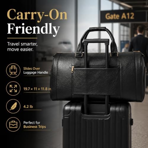 Garment Bag for Travel, Convertible Suit Garment Bag for Men, Stylish Carry On Garment Bag with Shoulder Strap, 2 in 1 Foldable PU Leather Garment Duffle Bag Suit Travel Bag for Men, Black