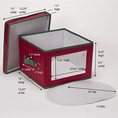 Household Essentials 536RED Holiday China Storage Chest with Lid and Handles | Dinner Plate | Red Canvas with Green Trim