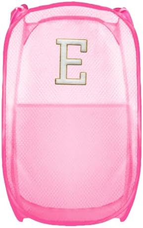 Collapsible Pop Up Laundry Hamper, Extra Large with Removable Initial Letter E, Mesh Foldable Laundry Basket, 28" x 16" x 16" (Pink)