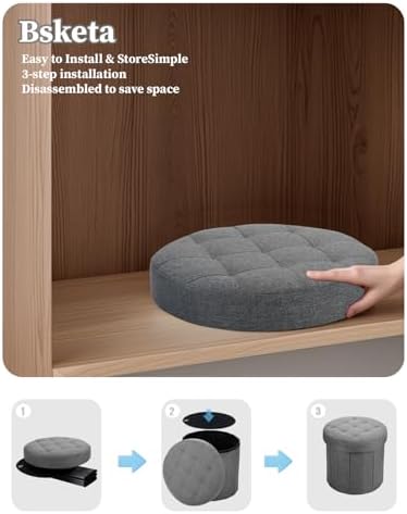 Bsketa Round Storage Ottoman, 14" Folding Linen Foot Rest Stool, Dark Gray | Round Poufs with Thicker Foam Padded Seat Small Linen, Livingroom, Dorm, Bedroom, Easy to install,14 x 14 x 13in