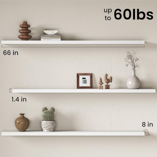 Floating Shelves for Wall, 66 Inch Floating Shelves Set of 2, Wall Mounted Rustic Wood Shelf for Bathroom, Living Room, Bedroom and Kitchen, Hanging Shelf for Storage, Books, Home Decor, White