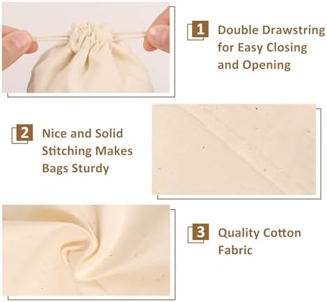 Hopttreely Reusable Cotton Drawstring Bags, Set of 8 Mixed Sizes (S,M,L,XL), Produce Bags for Bulk Food Storage