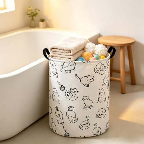 Round Fabric Collapsible Storage Basket with Handles, Black cat