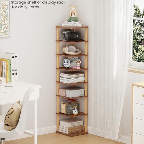 8 Tiers Vertical Shoe Rack, Tall Narrow Shoe Tower, Corner Shoe Rack, Brown