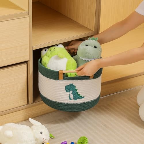 Cotton Rope Baskets for Kids Stuffed Animal Toys Storage for Nursery, Baby Baskets for Gifts Empty, Woven Basket with Wooden Handles Blanket Towel Toy 0rganizer Kids Blanket Storage Bins ( Dinosaur ）