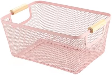 AJIODA Metal Mesh Steel Basket, Medium Wire Storage Organizer Basket Multi-function Hanging Kitchen Basket with Wood Handle for Kitchen Bathroom Picnic Home, Rectangle-Pink