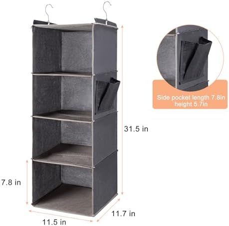 Hanging Closet Organizer and Shelves,4 Shelves with 1 Side Pockets (Grey)
