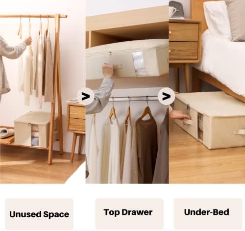 Under Bed Storage Containers Bags for Clothes, Blanket, Comforters Organizer with Clear window - 600D Cationic Fabric (M(21.7x16.5x7in) for under bed storage, Beige)
