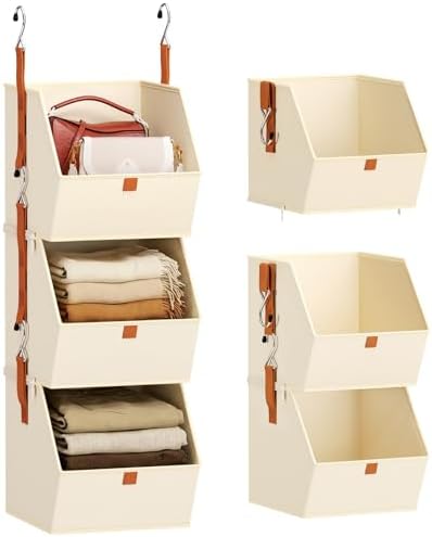 Homsorout Collapsible Hanging Closet Organizer - 3 Tier Closet Shelves Storage System with Hooks, Fabric Hanging Storage Bins for Clothes, Foldable Storage Basket for Laundry, Bedroom, Rv, Beige