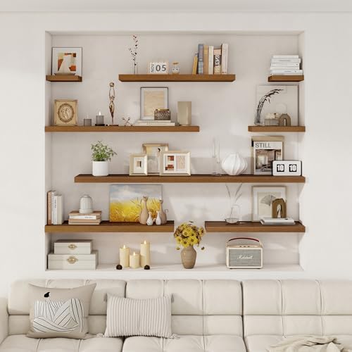 Fun Memories 12 Inch Deep Floating Shelves for Wall, 20 Inch Long Wall Mounted Storage Shelf with Invisible Brackets, 3 Pack Hanging Wood Shelf for Farmhouse, Bedroom, Kitchen, Living Room, Walnut