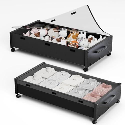KITHELP Wooden Under Bed Storage with Wheels, Rolling Under the Bed Storage Bins with Removable Lid, Metal Under Bed Drawers for Clothes and Shoes in Bedroom or Living Room(Black Wood-2pack)