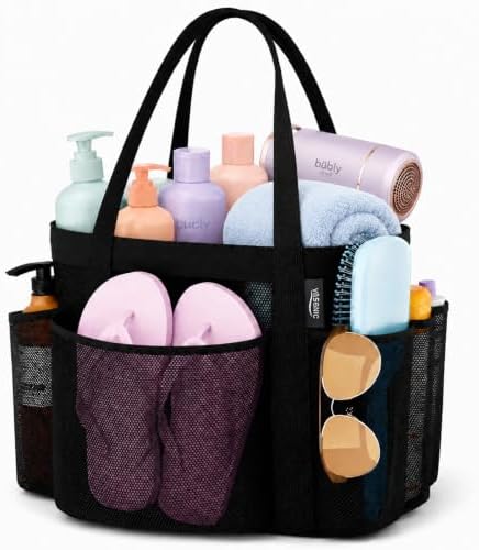 YASONIC Double Handles Mesh Shower Caddy Portable for College Dorm Essentials, 8 Pockets Large Capacity Shower Organizer for Girls, Quick-Dry Hanging Toiletry Bag for Bathroom Travel, Black