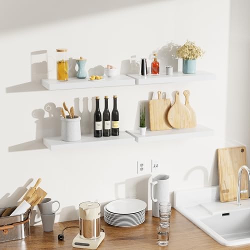 Bellsal White Engineered Wood Wall Shelf Set of 6, 16" Modern Floating Shelves for Kitchen, Living Room, Bedroom, Bathroom Storage, Book Shelf Home Decor