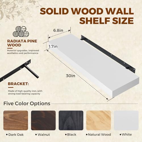 30x6.8x1.7in Solid Wood Floating Wall Shelf Set of 2 White Finish