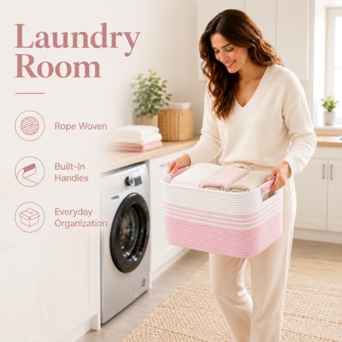 19.2GAL Sturdy Large Laundry Basket with Handles for Dirty Clothes, Portable Aesthetic Boho Cute Woven Storage Blanket Baskets for Living Room Decor and throws pillows Kids Toys Bath Towle White Pink