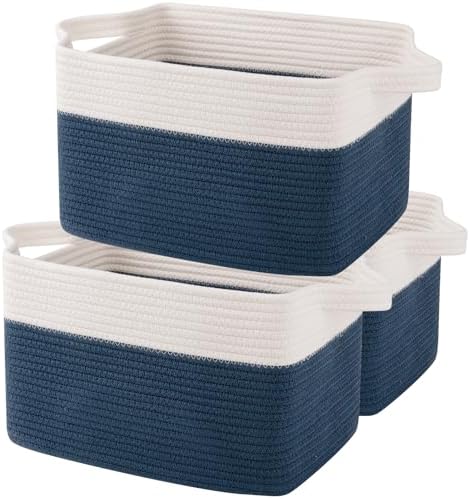 OIAHOMY Cotton Rope Storage Baskets for Organizing Blue & White 3-Pack