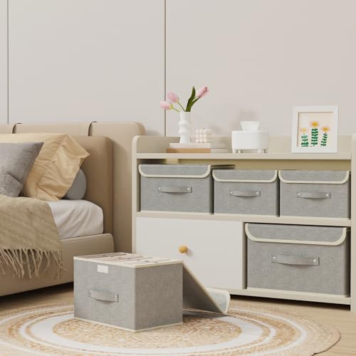 Foldable Fabric Storage Cubes with Lids,Grey 10.2x7.9x6.7in,5 Pack | Storage Bins with Handles,PP Panel Closet Organizers,Washable Boxes,Collapsible Fabric Container for Underwear and Socks