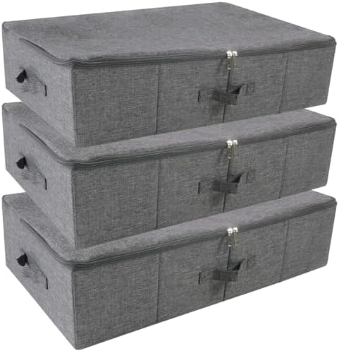 iwill CREATE PRO Folding Washable Rigid Underbed Storage Boxes with Zip Lid for Garment, Clothing, Blankets for Bedroom, College Dormroom, Wardrobe, Shelf Baskets, Pack of 3, Black Gray