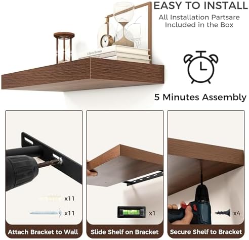 48 Inch Floating Shelves for Wall, 12"D Wood Storage Shelves, Walnut Finish