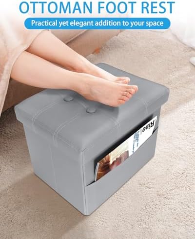Ottoman with Storage,17 Inch Leather Folding Foot Rest Stool,Grey