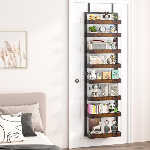 BUKFEN 8-Tier Over the Door Pantry Organizer, Adjustable Wooden Basket | Door & Wall Mounted Spice Rack, 16 Hooks, Heavy-Duty Metal Over Door Organization Storage for Kitchen, Bathroom, Closet