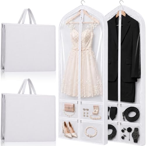 Tranqun 2 Pack 65" Long Wedding Garment Bags for Gowns Dress, Clear, White