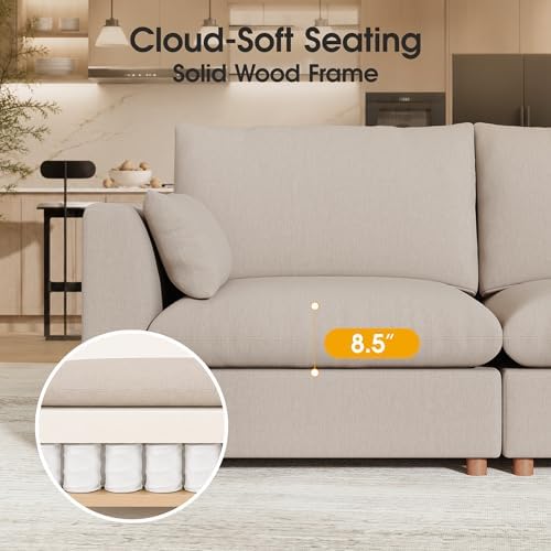 WorthFurni Oversized Modular Sectional Sofa,111" U Shape Sectional Cloud Couch with Storage Ottoman,Comfty 5 Seat Modular Sofa for Living Room,Sand Chenille