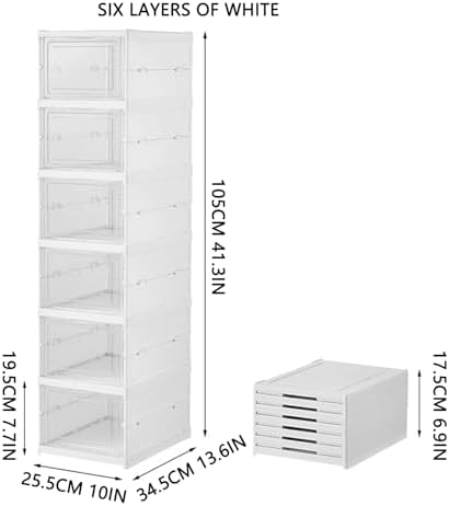 Foldable Shoe Rack,No Assembly Stackable Shoe Storage Box with Doors,Free Standing Plastic Space Saving Shoe Cabinet Bins Dustproof,Folding Shoe Box Organizers (6 Tier-6 Pairs White)