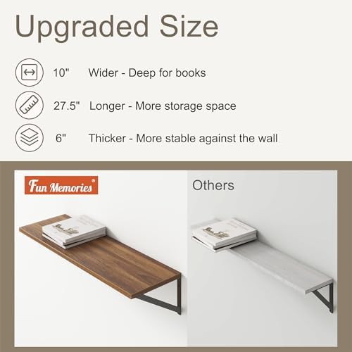 Fun Memories 27.5" W x10 D Floating Shelves, Large Wall Shelves 27.5 Inch Long, Set of 2, Farmhouse Wood Floating Shelf Wall Mounted, Deep Shelves for Bathroom, Living Room, Kitchen, Walnut Color