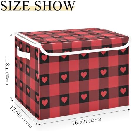 senya Valentines Storage Baskets Collapsible Storage Bins with Lids, Red Buffalo Check Gingham Love Heart Storage Boxes Clothes Baskets for Organizing