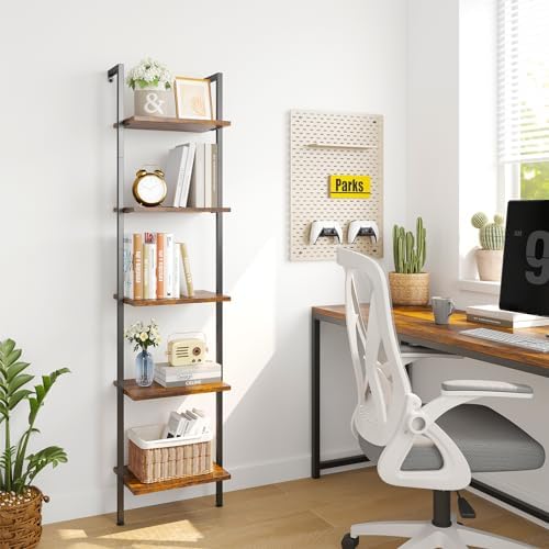 ELYKEN Ladder Shelf, 5-Tier Wood Wall Mounted Ladder Bookshelf | Leaning Storage Shelves with Metal Frame, Vintage Open Display Organizer Rack for Living Room, Bedroom, Home, Rustic Brown