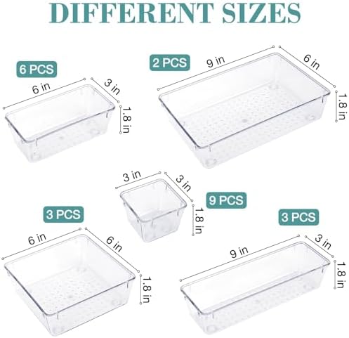 23 PCS Drawer Organizer Set, 5 Size Bathroom and kitchen organizer Trays | Bathroom and kitchen Drawer cabinet organizer Trays, Clear Storage Bins for Makeup, Jewelry, Utensils and Gadgets