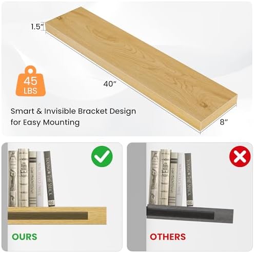 FLYJOE Floating Shelves for Wall, 40" W x 8" D x 1.5" H, Wooden Wall Mounted Display Shelves with Invisible Brackets for Living Room, Bedroom, Bathroom, Kitchen Decor and Storage, Set of 2, Oak