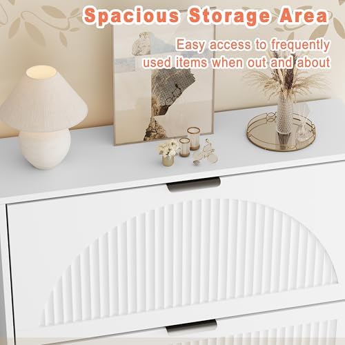 Shoe Storage Cabinet with 2 Flip Drawers, Narrow Wood Shoe Organizer Cabinet, Slim Freestanding Fluted Shoe Cabinet for Entryway, Living Room, Hallway (White, 4-Drawers)