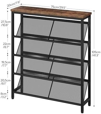 CHOEZON Shoe Rack, 5-Tier Slanted Shoe Storage Shelf, Narrow Shoe Rack for Entryway, Shoe Organizer with Adjustable Feet, Slim Shoe Shelf with Wooden Top and Metal Frame Rustic Brown and Black TXJ02BF